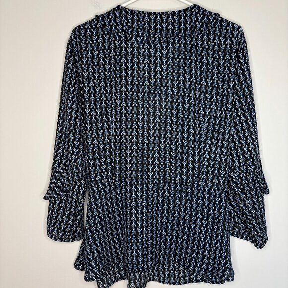 WORTHINGTON NEW Wrap Blouse XL 3/4 Sleeve V-Neck Black Blue White Ruffle XL - Picture 2 of 6